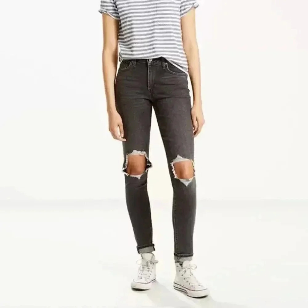 Levi's 721 High Rise Skinny  Grey Wash Distressed Knee Jeans